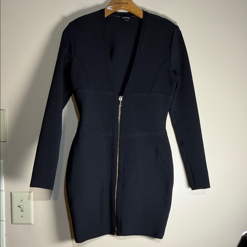 bebe black dress long sleeve | Dresses | Bebe Zipfront Bodycon Mini Color:Dark-Navy